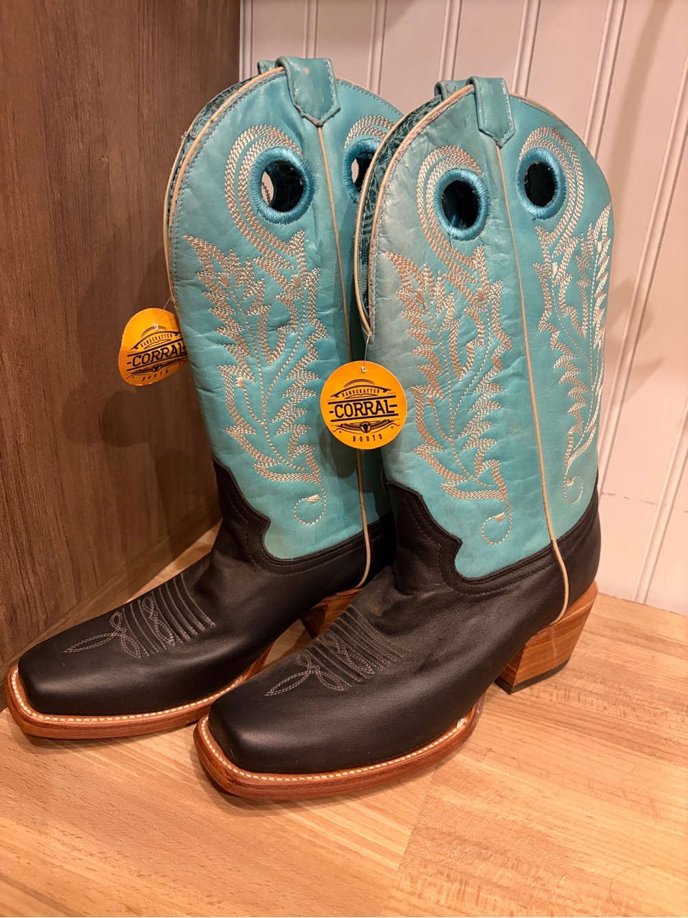 Corral Black Leather Western Boots with Turquoise Embroidered Shaft A4458